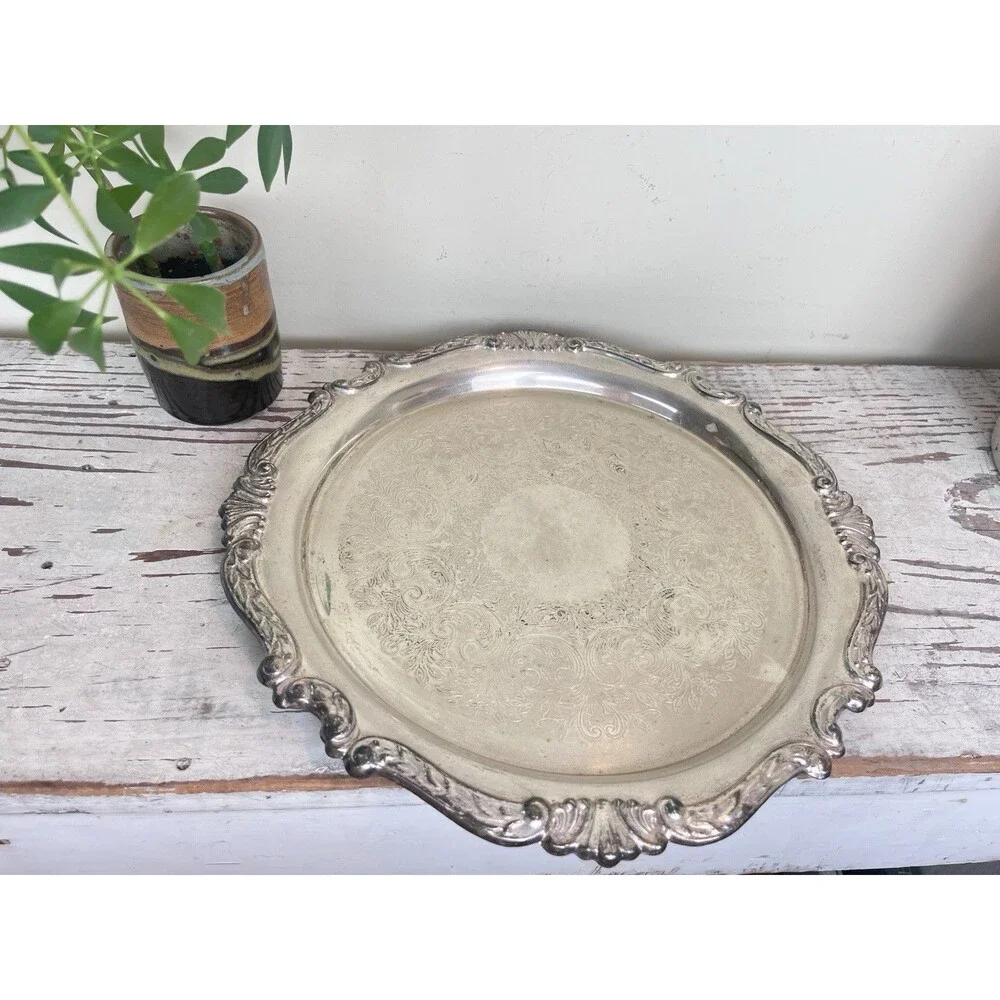 Vintage MCM Sheridan Silver Co Ornate Border Round Silver Plated Tray 12”